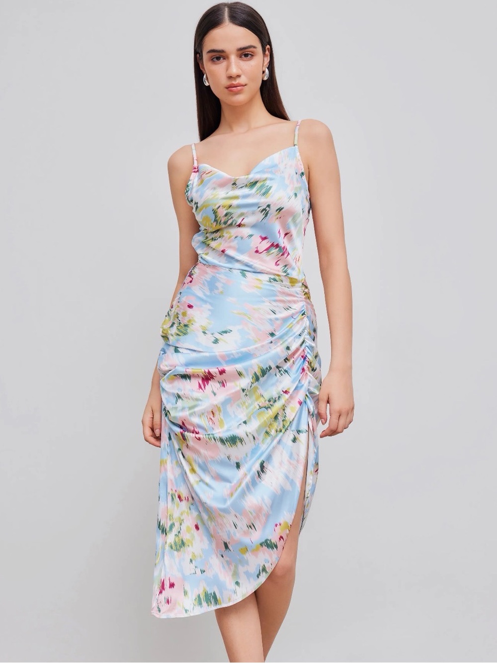 Cider Pastel Floral Cowl Midi Dress